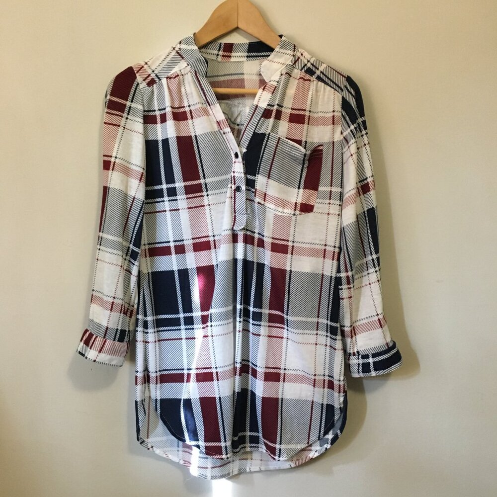 Cabincore Plaid Tunic Shirt Navy Burgundy Loungewear Sleep Top S M